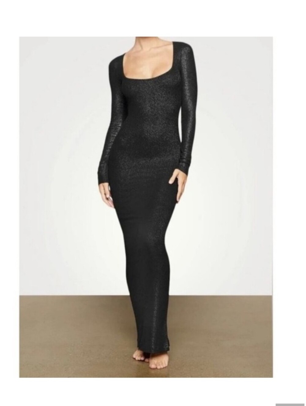 SKIMS Black Glitter Long Sleeve Scoop-Neck Bodycon Maxi Dress
